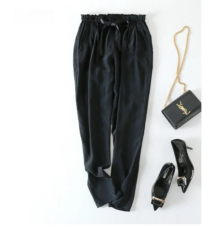 Women Long Pants 100% Mulberry Silk Belted Waist Trousers With Pockets Black Color Office Lady M0609