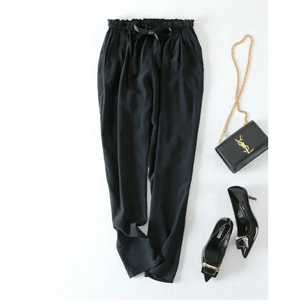 Women Long Pants 100% Mulberry Silk Belted Waist Trousers With Pockets Black Color Office Lady M0609