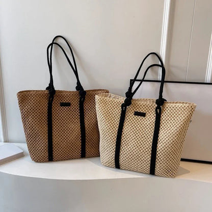 Bolsa Sacola de Palha Tecida de Verão Bolsa de Ombro Feminina Casual de Praia para Férias Bolsas Femininas de Grande Capacidade Cor Sólida
