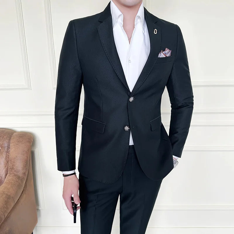 Men's Korean Style Slim Fit Suit Set, High Quality Fabric Solid Color Edge Pressing for Wedding Business