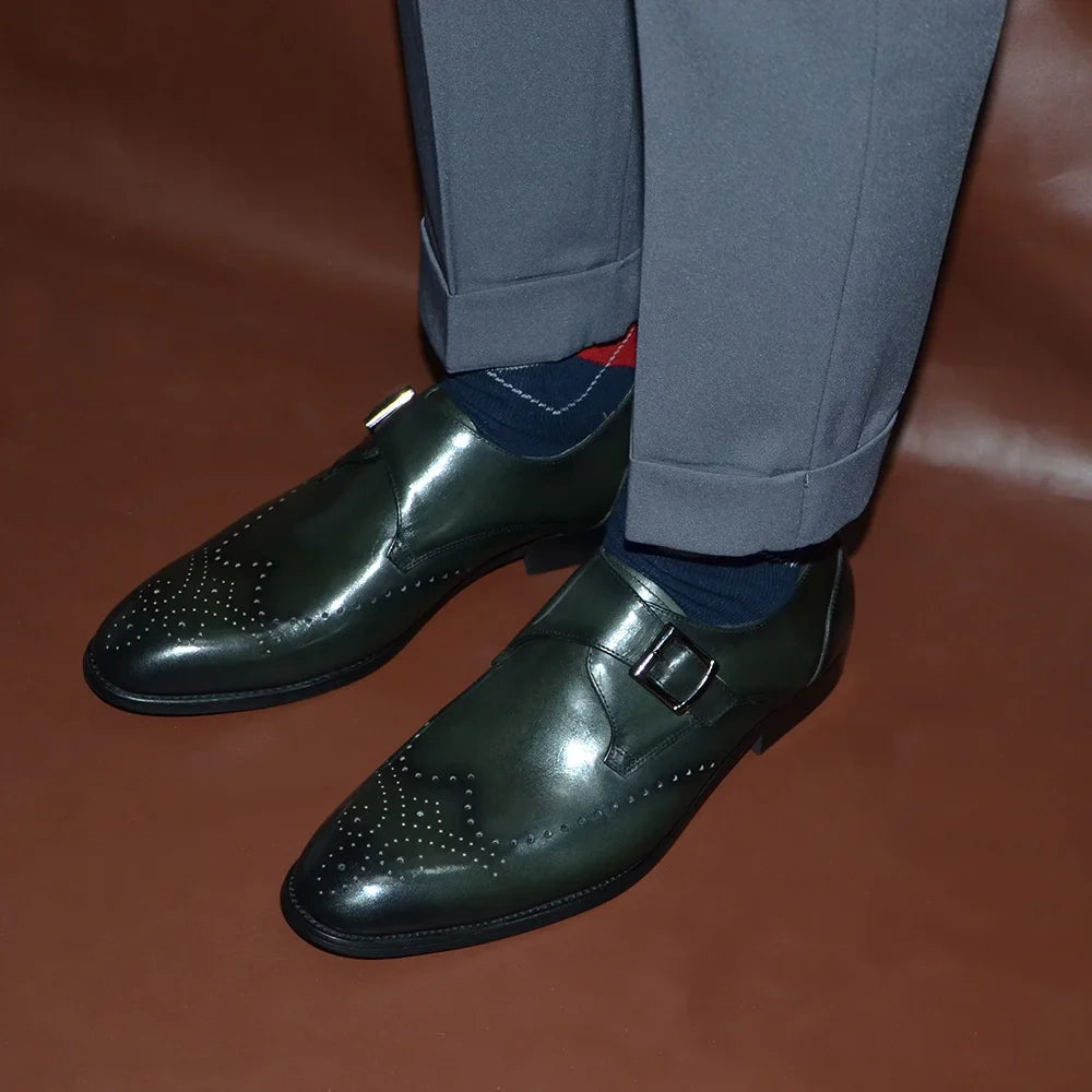 Elegant Men's Monk Strap Dress Shoes Genuine Leather Single Buckle Green Black Loafer Brogue for Party Wedding Formal Occasions