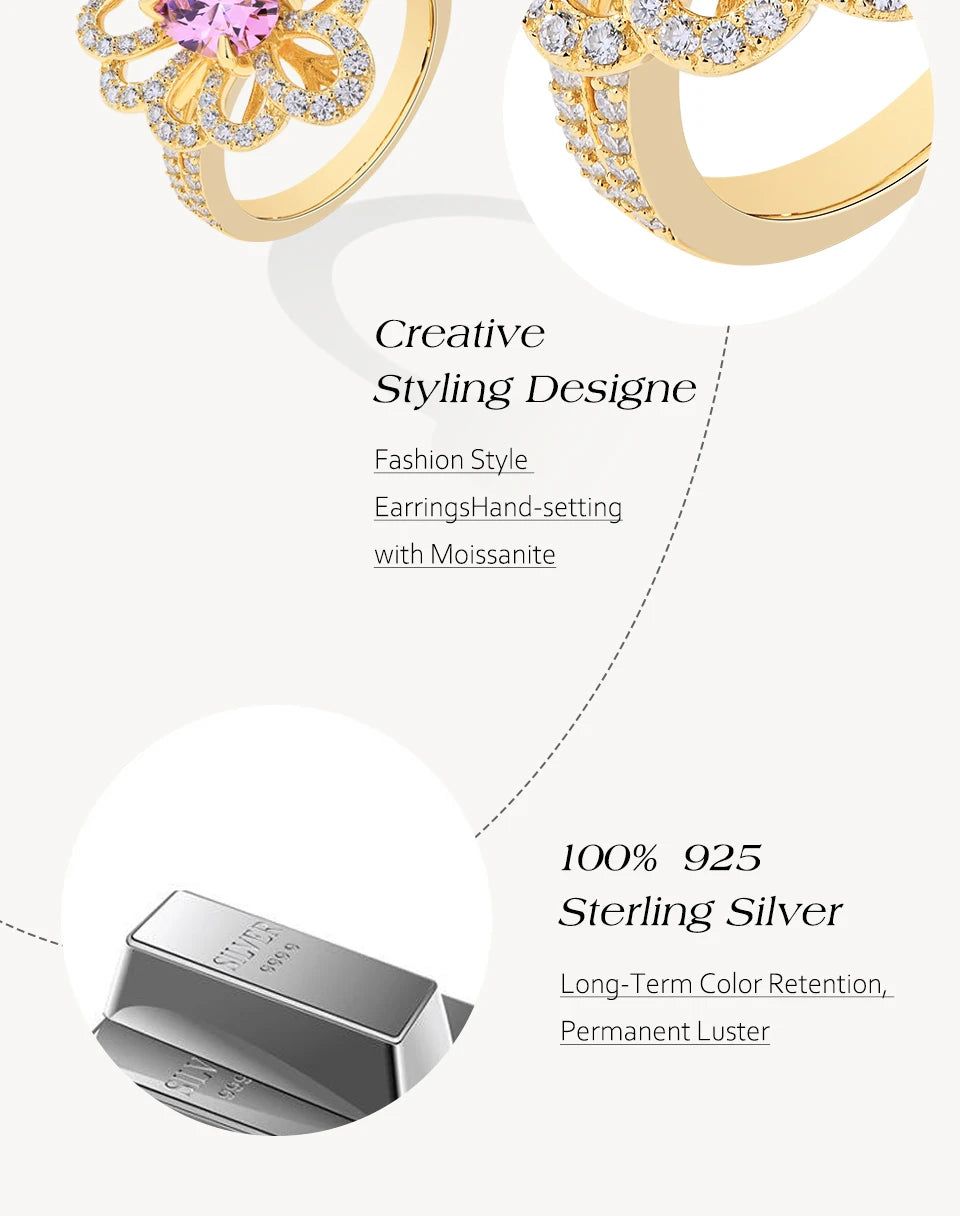 Luxury D VVS1 Moissanite Rings for Women Created Pink Zircon S925 Sterling Silver Flower shape Engagement Wedding Gift