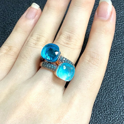 10.6mm Elegant Blue Topaz Zircon Ring Dual Tone Black Gun & Rose Gold 30 Colors Candy Crystal Jewelry Gift for Women