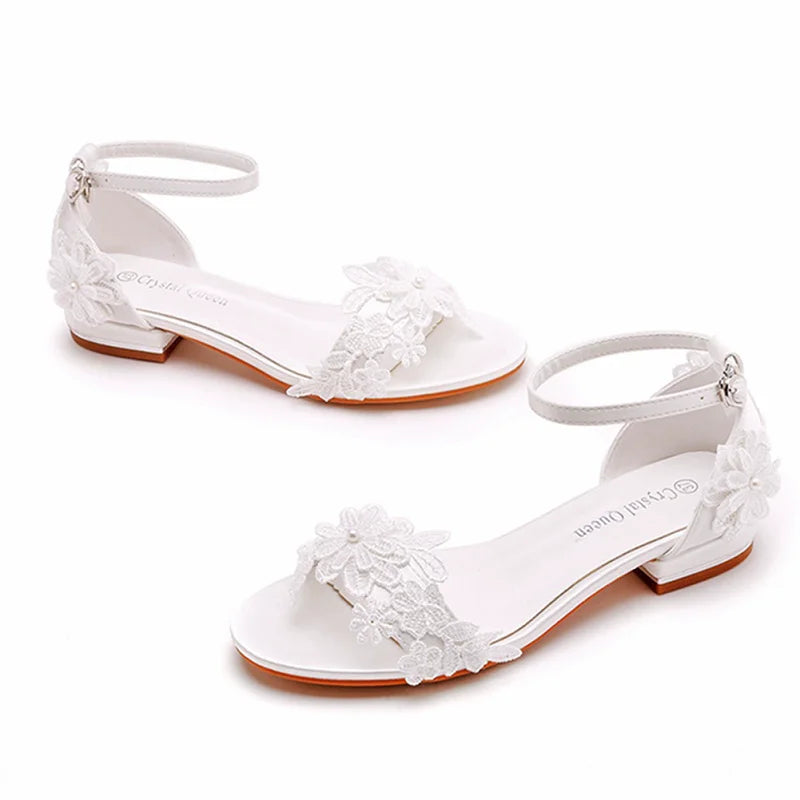 Summer new 2-cm square-heeled silk ribbon pearl rhinestone low-heeled wedding shoes beaded lace-up flat large-size women sandals