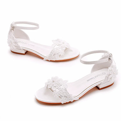 Summer new 2-cm square-heeled silk ribbon pearl rhinestone low-heeled wedding shoes beaded lace-up flat large-size women sandals