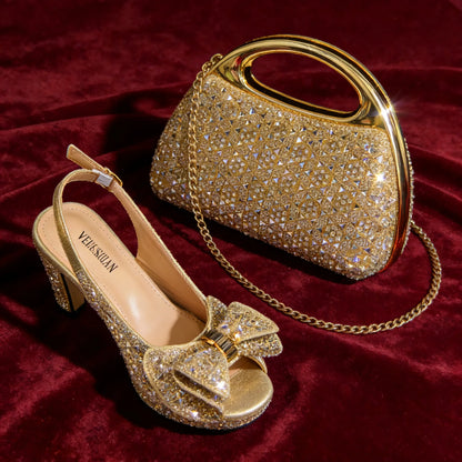 Conjunto de Sandálias de Salto Alto Peep Toe e Bolsa Chic Roxa Clara com Strass para Mulheres – Sapatos de Festa Italianos Elegantes Perfeitos para Casamentos