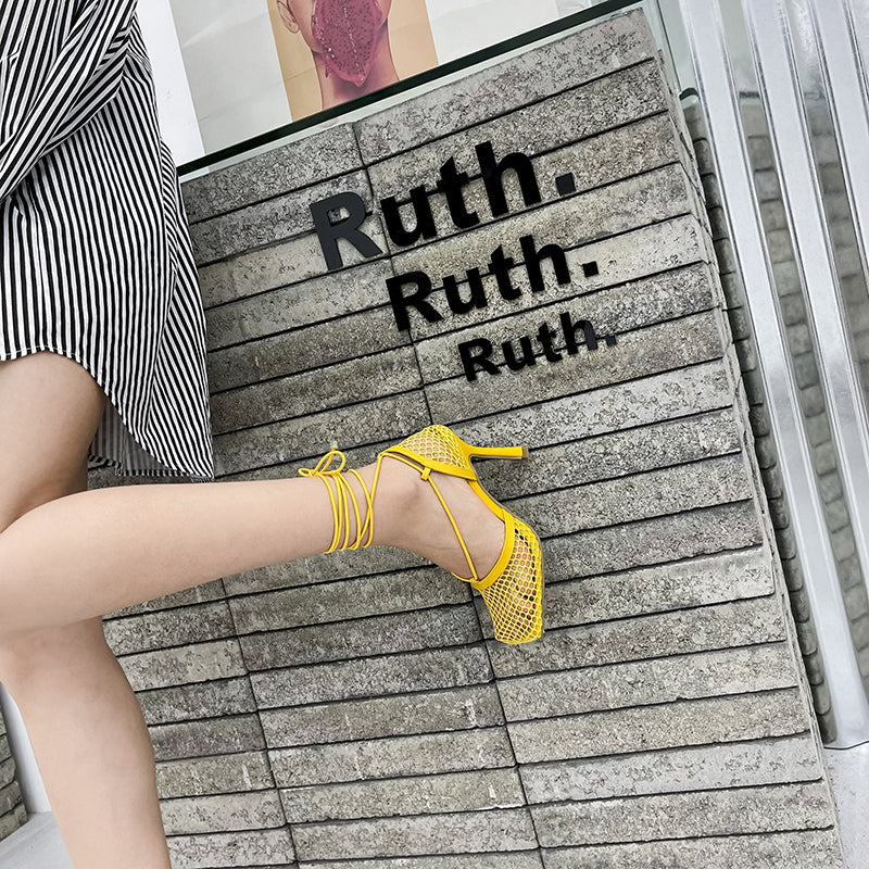 2025 Summer Sexy Mesh Pumps Sandals Female Square Toe High Heel Lace Up Cross-Tied Stiletto Hollow Dress Party Shoes