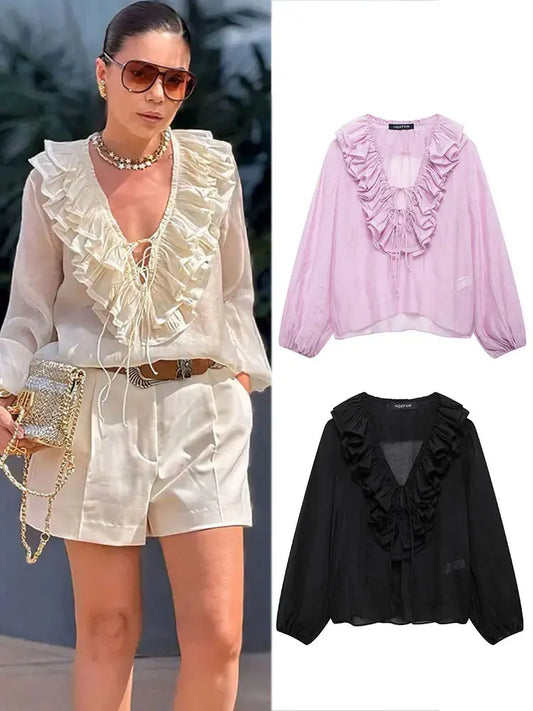 Elegant Women's Retro V-neck Ruffle Trim Long Sleeve Shirt 2025 Summer Casual Top Women's Fashion Translucent Thin Shirt