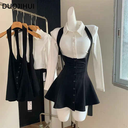 Two Piece New Sexy Chic Halter Female Dresses Basic Polo Neck Fashion Button Shirt Slim Simple A-line XS-L Women Dress