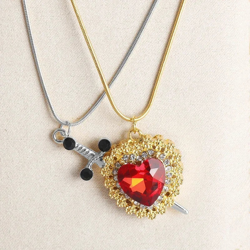 2pcs Can Be Assembled Heart and Sword Zircon Pendant Necklace for Women Men Couple Silver Gold Plated Choker Chain Jewelry
