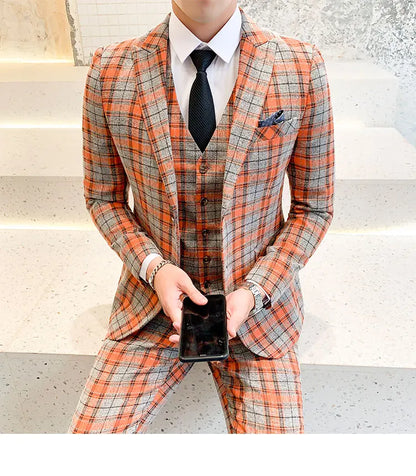 ( Jackets + Vest + Pants ) New Fashion Boutique Plaid Mens Casual Business Suit Groom Wedding Dress Suit 3pces Set Male Blazer