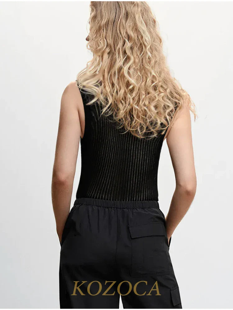 100% Wool Chic Solid Tanks Elegant Striped See Through Hollow Out Women Tops Sleeveless Elastic Tops Club Party Clothes