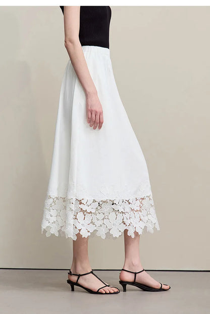 Women's Skirt 2026 Summer New Elastic Waist Cutout Lace Hem Midi Casual Loose Fit Floral Trim Skirt For Women 12622106