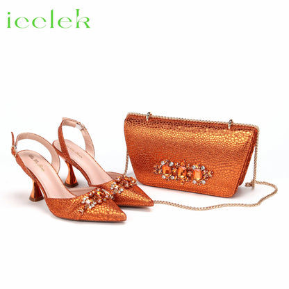 Spot Goods Italian Fashion Women Heels Elegant Orange Color Block Design Brown Shoes And Bag Full Rhinestone Party Bag