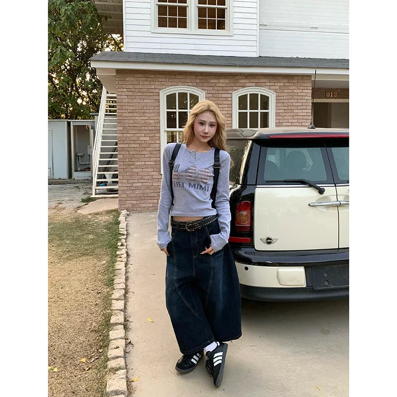 High Waist Vintage Design Hip Hop Straight Baggy Denim Pants