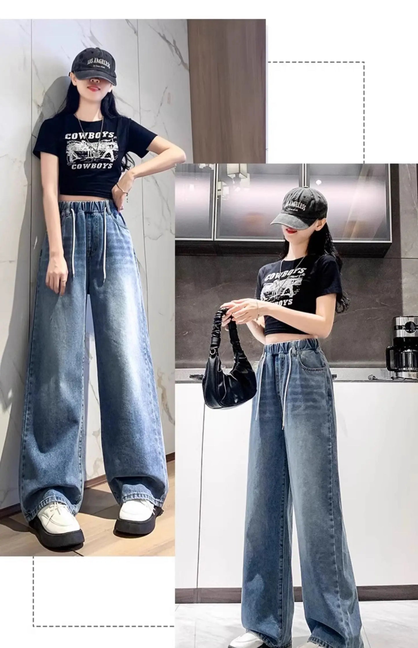 Calça Jeans Feminina Plus Size Folgada Cintura Alta Perna Larga Azul Claro Elástico na Cintura Cordão Calças Outono Moda Plus Size