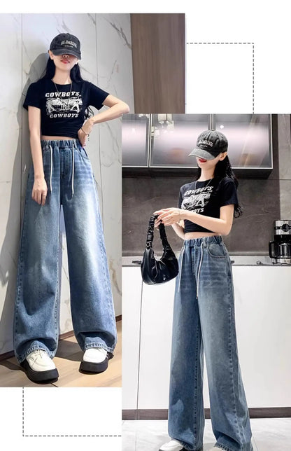 Calça Jeans Feminina Plus Size Folgada Cintura Alta Perna Larga Azul Claro Elástico na Cintura Cordão Calças Outono Moda Plus Size
