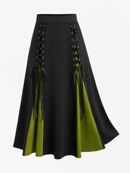 Plus Size Women's Skirts Deep Red Lace Chiffon Layered Skirt Or Halloween Vampire Costume Gothic Lace Up Two Tone Skirt