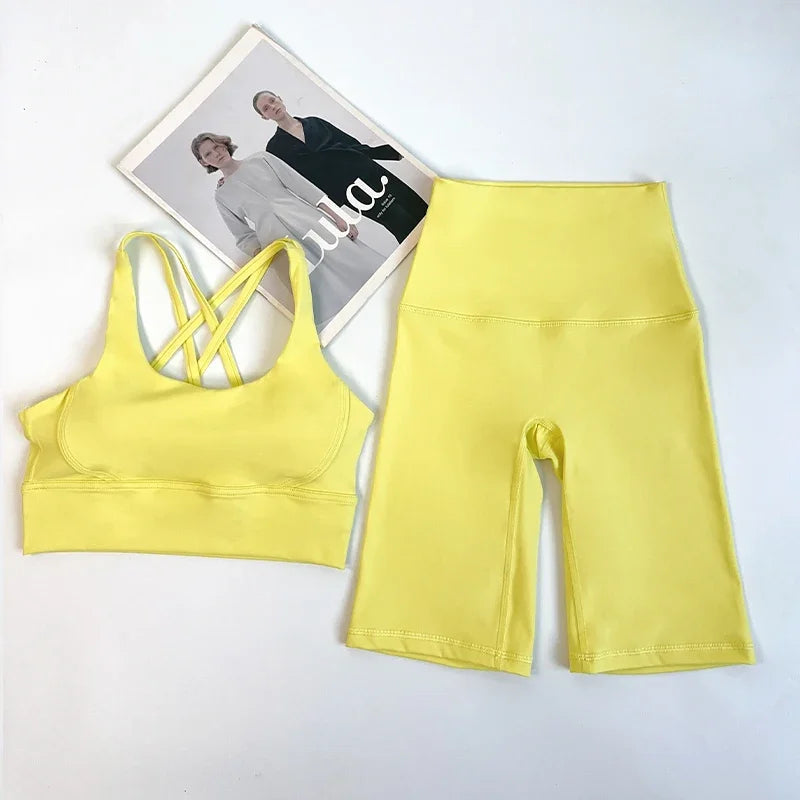 2 Pieces Yoga Shorts Gym Sports Sets Women Fitness Suits Cross Back Bra Top High Waist Shorts Running Workout Tracksuit👚👍️