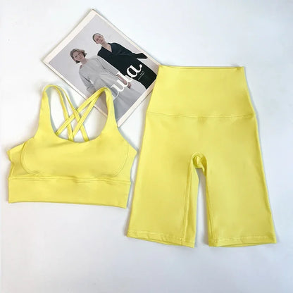 2 Pieces Yoga Shorts Gym Sports Sets Women Fitness Suits Cross Back Bra Top High Waist Shorts Running Workout Tracksuit👚👍️