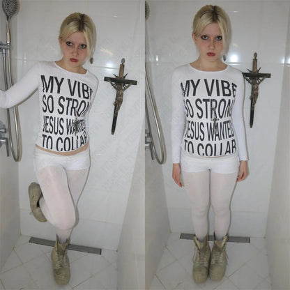 Women's Vintage Harajuku Gothic Hip Hop Emo Girl Casual Long Sleeve Tee Sexy Slim Chic Print Crop Top Grunge Punk Y2K Streetwear