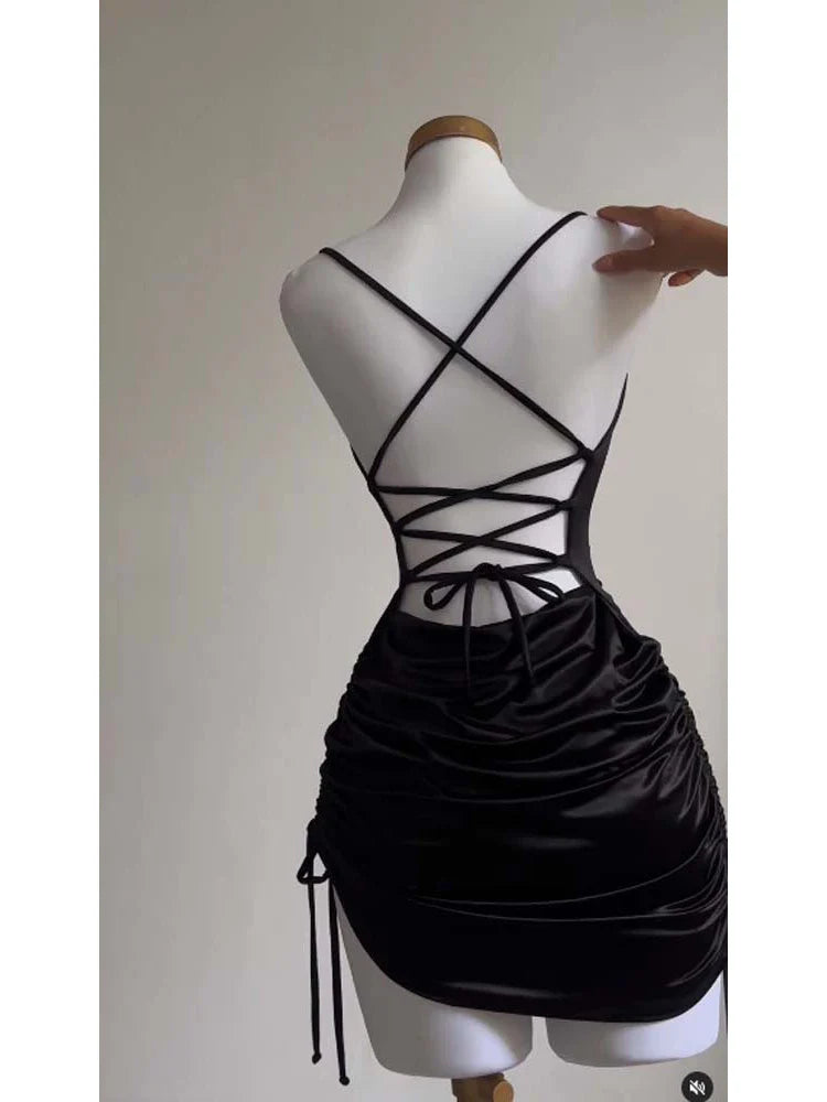 Sexy Satin Lace Up Bodycon Mini Dress Women Sleeveless Backless Party Club Dresses Streetwear Elegant Evening Clothes Black Robe