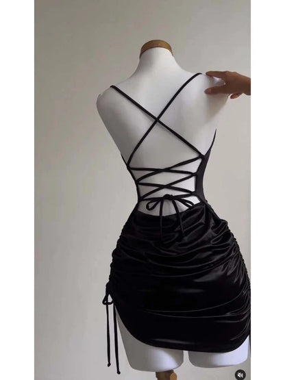 Sexy Satin Lace Up Bodycon Mini Dress Women Sleeveless Backless Party Club Dresses Streetwear Elegant Evening Clothes Black Robe