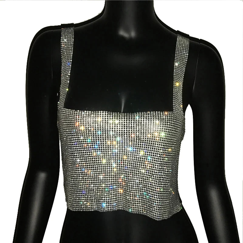 2025 Glitter Nightclub Backless Rhinestone Tank Top Women Sexy Metal Crystal Diamonds Sequined Night Club Party Wear Crop Top