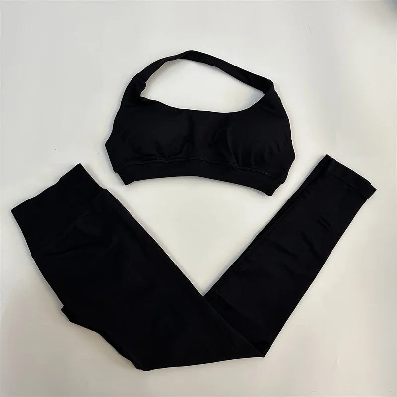 Yoga Legging Sets for Women Seamless Yoga Set Scrunch Butt Legging Set Workout Gym Suit with Halter Crop Top