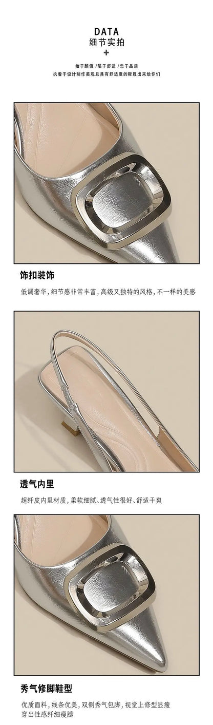 Brand Woman Slingback Shoes Fashion 2024 Spring New Ladies High Heels Elegant Med Heel Pointed Toe Slip on Sandal Mules