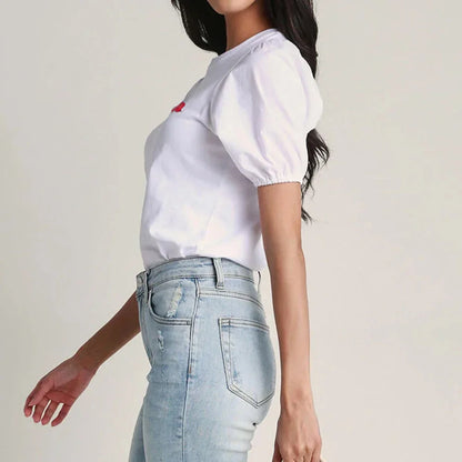 Women's T-Shirt Summer Luxury  New Embroidery Letter Lantern Sleeve T-Shirt White Basic Cotton T-Shirt Women's Top T-Shirt