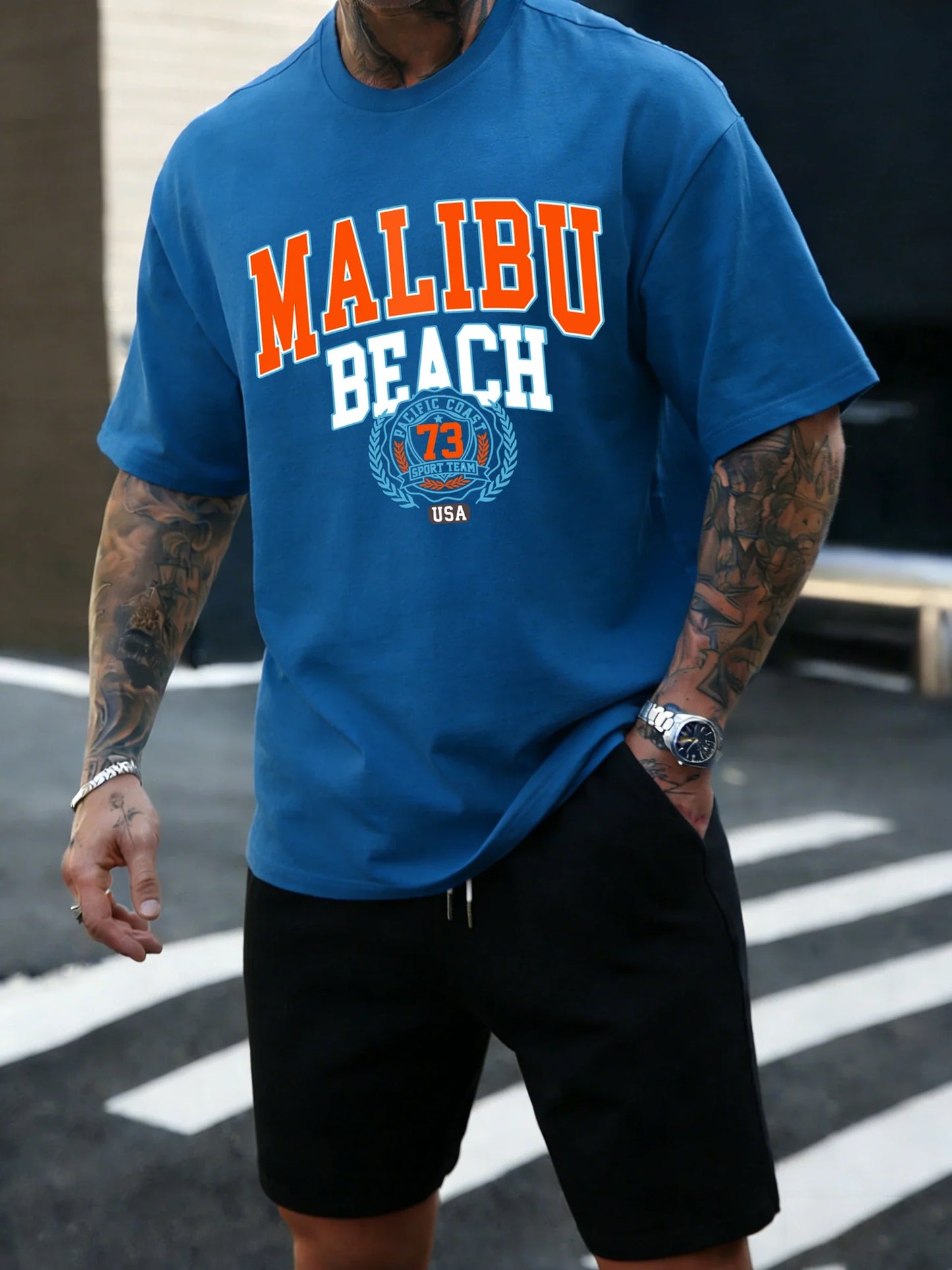 Malibu Beach 73 Usa Printing T-Shirt Mens Cotton T Shirts O-Neck Summer Basics Clothes Casual Trendy All-Match Short Sleeve