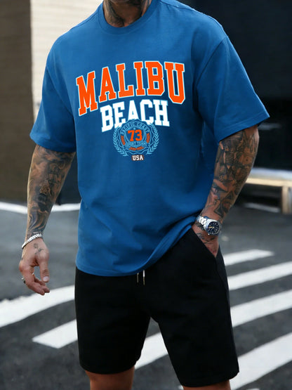 Malibu Beach 73 Usa Printing T-Shirt Mens Cotton T Shirts O-Neck Summer Basics Clothes Casual Trendy All-Match Short Sleeve