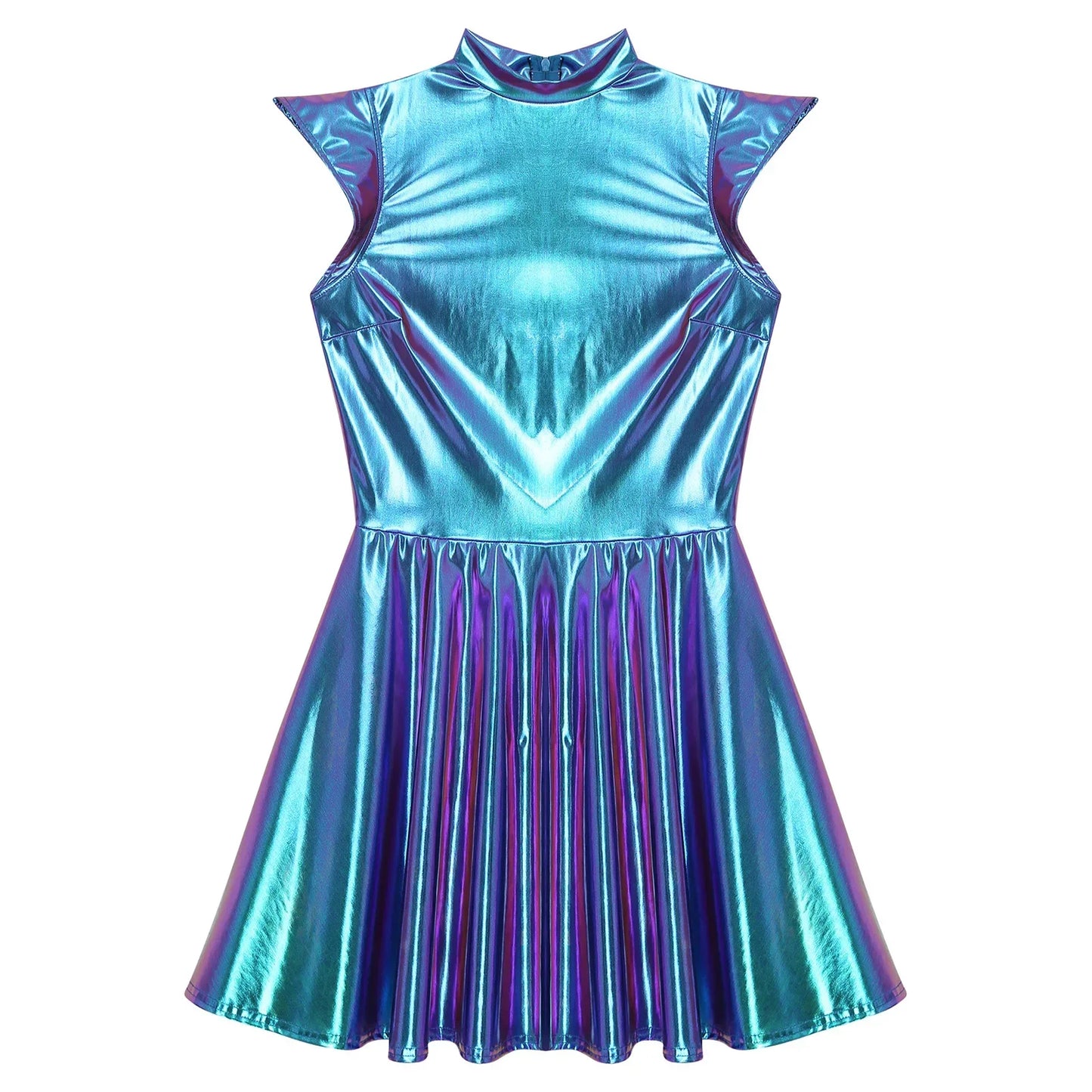 Womens Cocktail Dress Shiny Metallic Dress Alien Space Cap Sleeve High Waist A-line Dress for Halloween Party High Street Dress