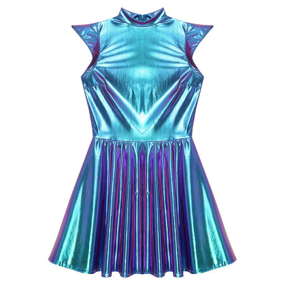 Womens Cocktail Dress Shiny Metallic Dress Alien Space Cap Sleeve High Waist A-line Dress for Halloween Party High Street Dress