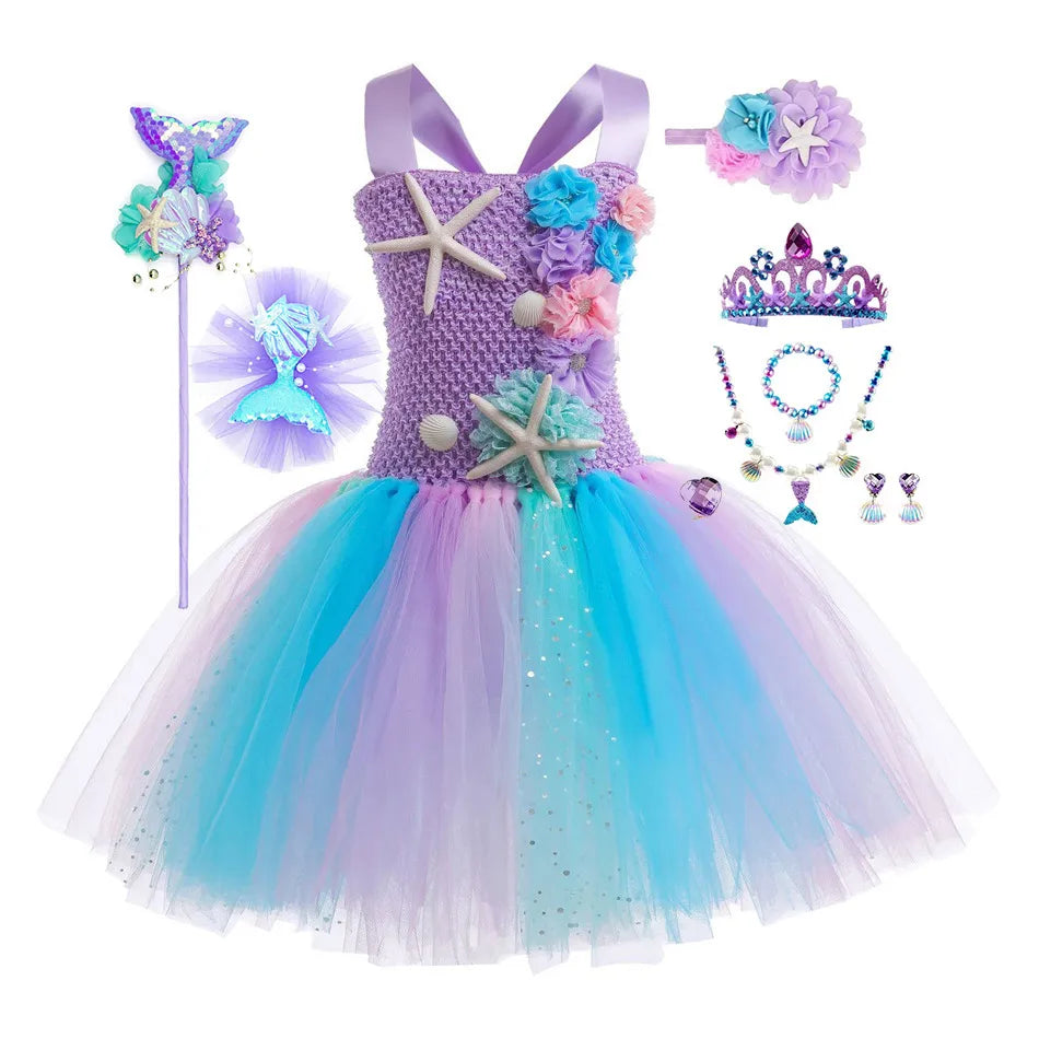 1-12 anos Vestido Tutu de Sereia Fofo com Apliques de Estrela-do-mar Coral, Vestido de Princesa Elegante Ombro a Ombro, Vestido Bufante para Festa de Aniversário de Criança