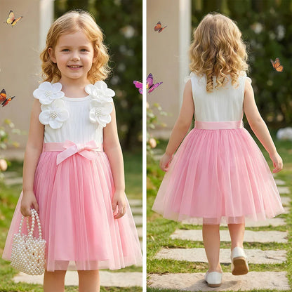 Vestido de Aniversário Infantil Menina Sem Mangas Elegante Flor 3D Tule Princesa Vestido de Verão 3-7 Anos Malha Doce Roupa Presente de Aniversário