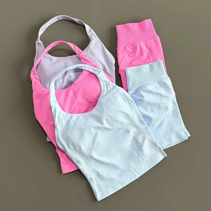 Women Seamless Gym Set 2Pcs Halter Neck Sports Crop Top High Waist Scrunch Butt Shorts Workout Fitness Yoga Tracksuit Sportswear