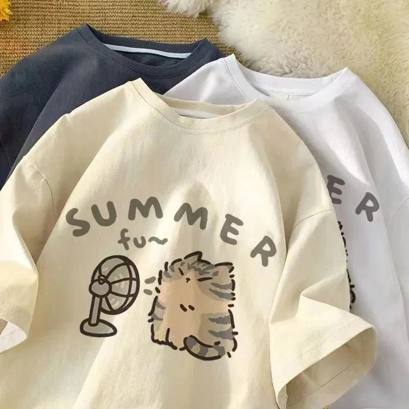 Korean Version Retro Minimalist Cat Printed Summer T-shirt Casual Loose Couple Thin Short Sleeves Women Men T Shirts