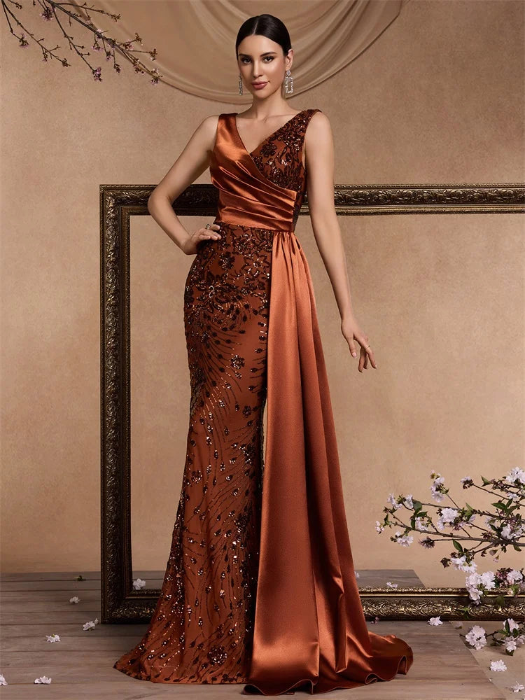 Elegant V-neck Splice Ribbons Sequins Evening Dresses Woman Sleeveless Mermaid Formal Luxury Wedding Party Prom