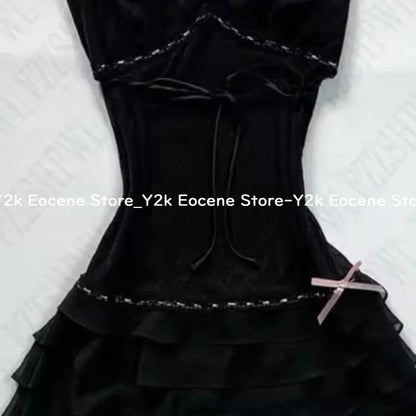 Harajuku Solid Lace Sweet Girly Dresses Elegant Strap Short Sleeve Suspenders Waist Dress Japanese Kawaii Bow Patchwork Clothes
