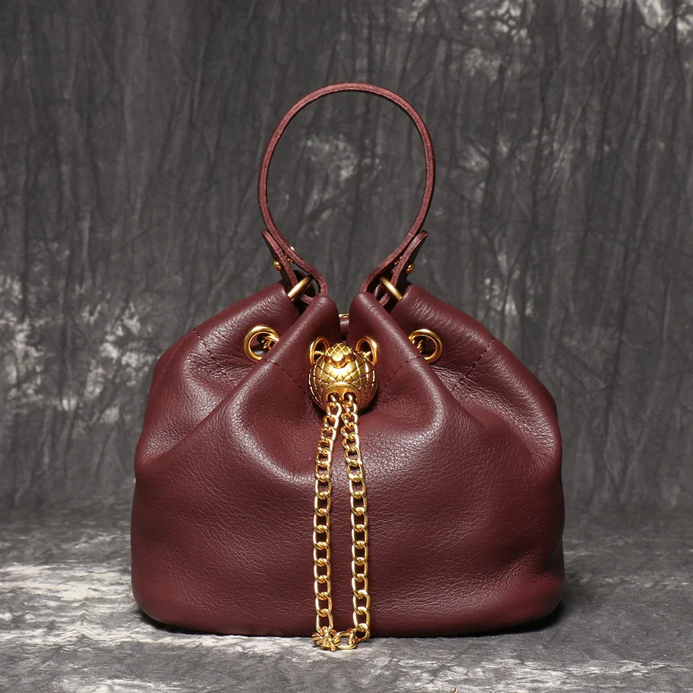 Metal Drawstring Versatile Women's Handbag Genuine Leather Chain Crossbody Bag Vintage Bucket Bag Mobile Phone Bag