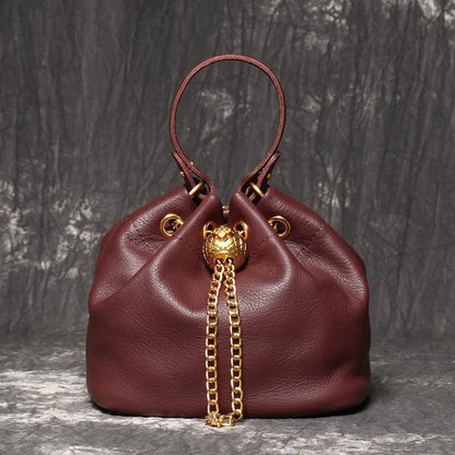 Metal Drawstring Versatile Women's Handbag Genuine Leather Chain Crossbody Bag Vintage Bucket Bag Mobile Phone Bag