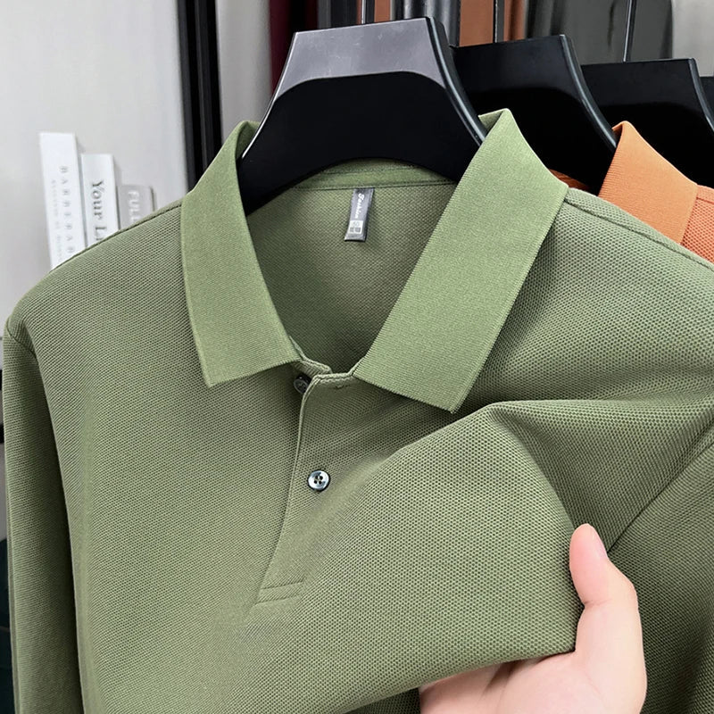 100%pure cotton autumn winter men's high-end designer fashionable long sleeved boutique button casual comfortable polo shirt top