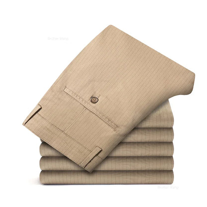 New Men's Business Straight Striped Casual Pants High Quality British Fashion Soft Elastic Trousers Black White Khaki Gray
