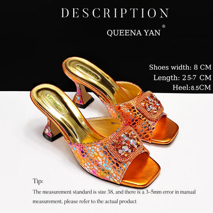 Fashion Newest Arrival Orange Color Square Toe Women Sandals Shoes Matching Bag Set for Ladies Wedding Party Pump
