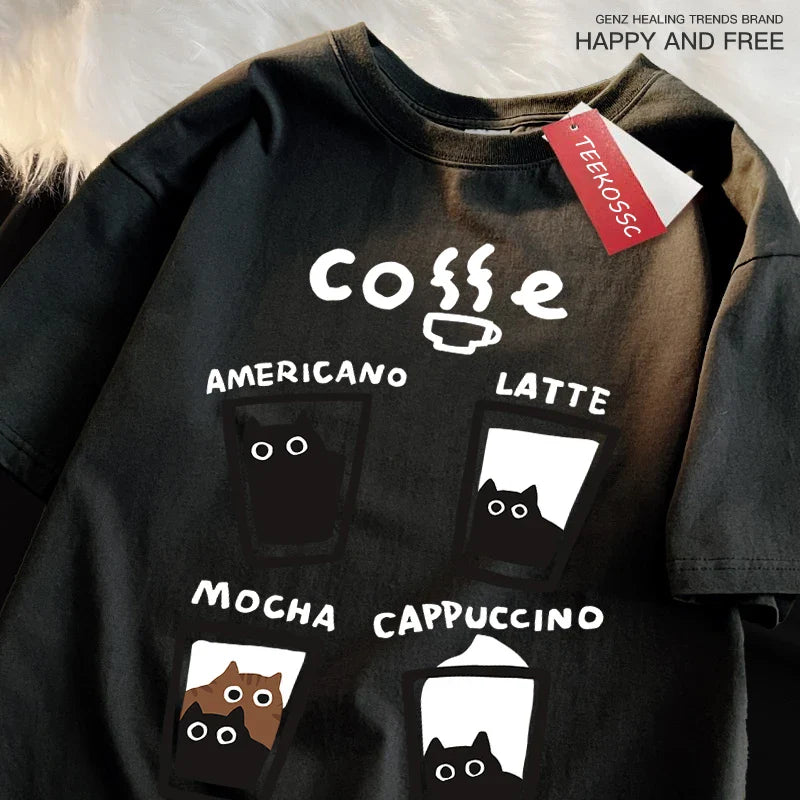 Fun Coffee Cat Japanese Style Men Women T-Shirts Oversize Tshirt Breathable Loose Short Sleeve Tee Clothes Cotton Streetwear