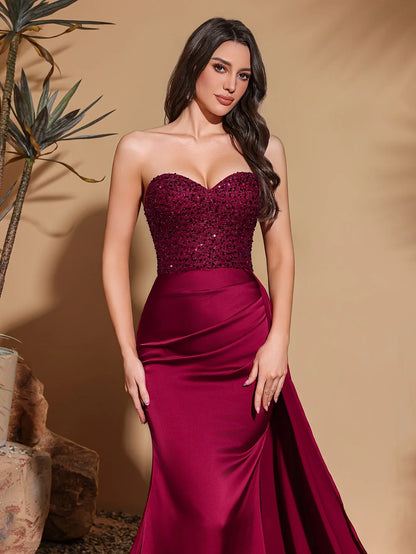 Satin waist pleated side flaps floor-length skirt, sequined spliced tube top dress