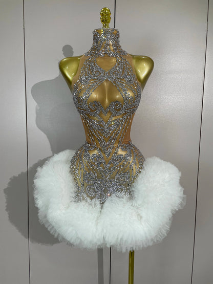 Mesh Sexy See Through Cocktail Mini Dress Women Eveing Luxury Birthday Party Singer Nightclub Show Stage Costume