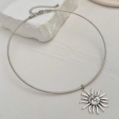 SHIXIN Retro Smooth Golden Metal Thin Choker Necklace for Women Trendy Sun Pendant Necklace Torques Summer Neck Chain Jewelry